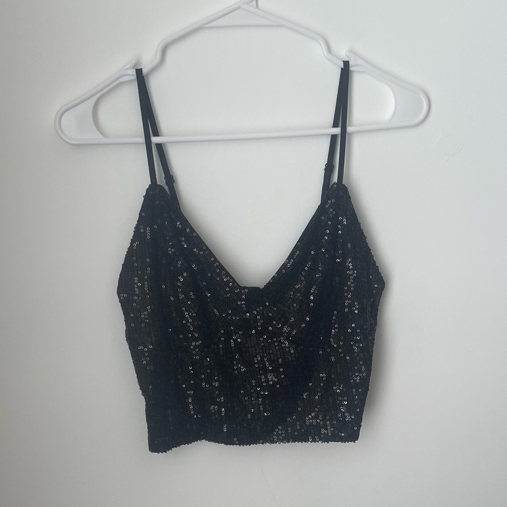Black Sequin Crop Camisole Top